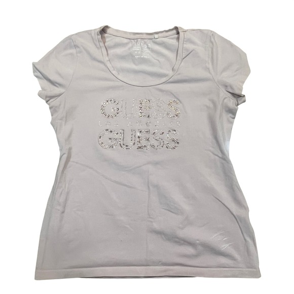 Guess Tops - Guess Los Angeles Womens Rhinestone Logo T-Shirt Mauve Pink‎ Size L
